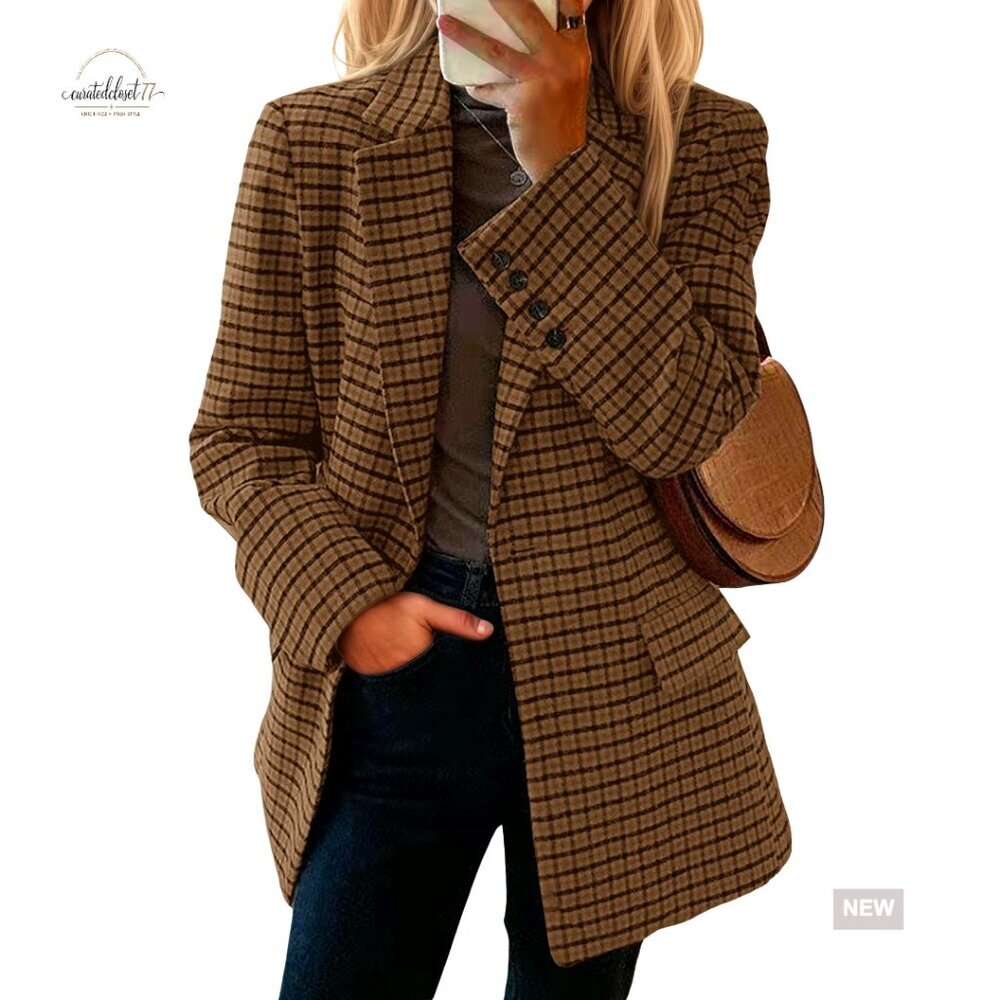 Wool Blend Blazer Notched Lapel Pockets Business Casual Loose Fit